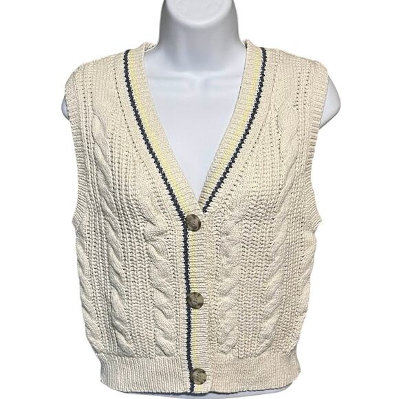 American Eagle Sweater Vest Cardigan Womens Cream Cable Knit Small Tennis Preppy - Picture 1 of 7